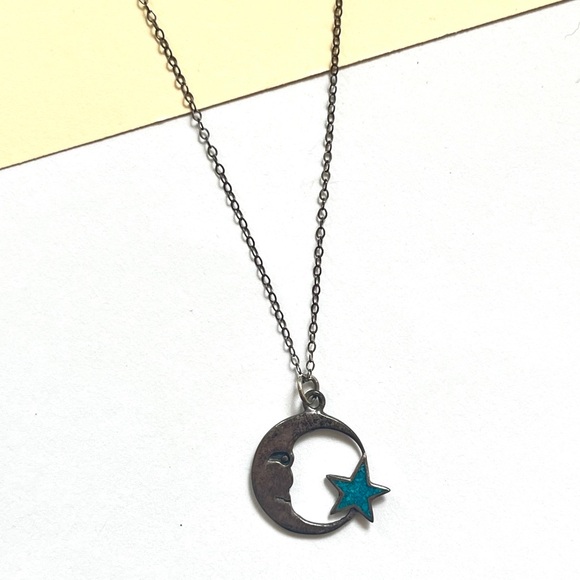 1990s vintage silver and blue star moon delicate thin necklace - Picture 10 of 11